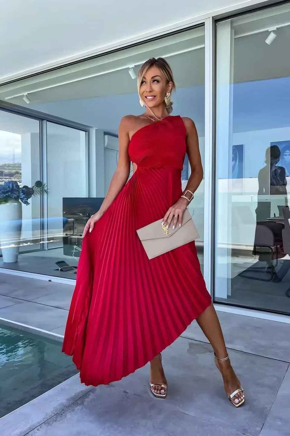 One-Shoulder Pleated Dress for Women - Asymmetrical Hem with Draped Silhouette