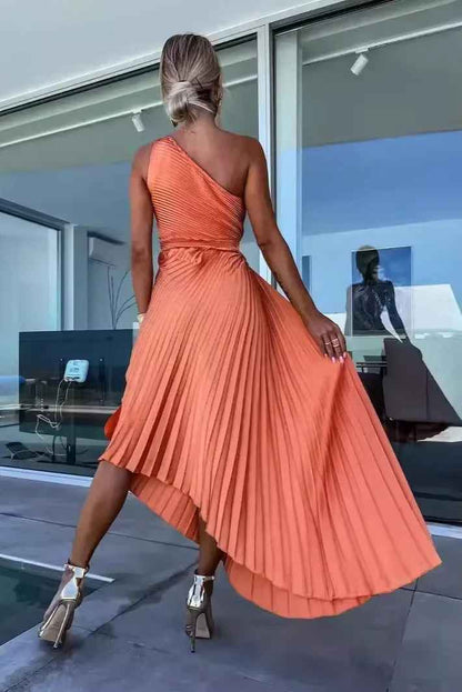 One-Shoulder Pleated Dress for Women - Asymmetrical Hem with Draped Silhouette