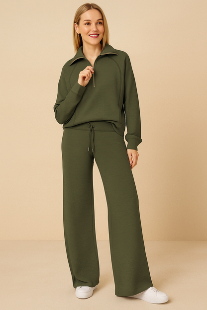 Women's Two-Piece Tracksuit: Half-Zip Top & Wide-Leg Pants - Navenport