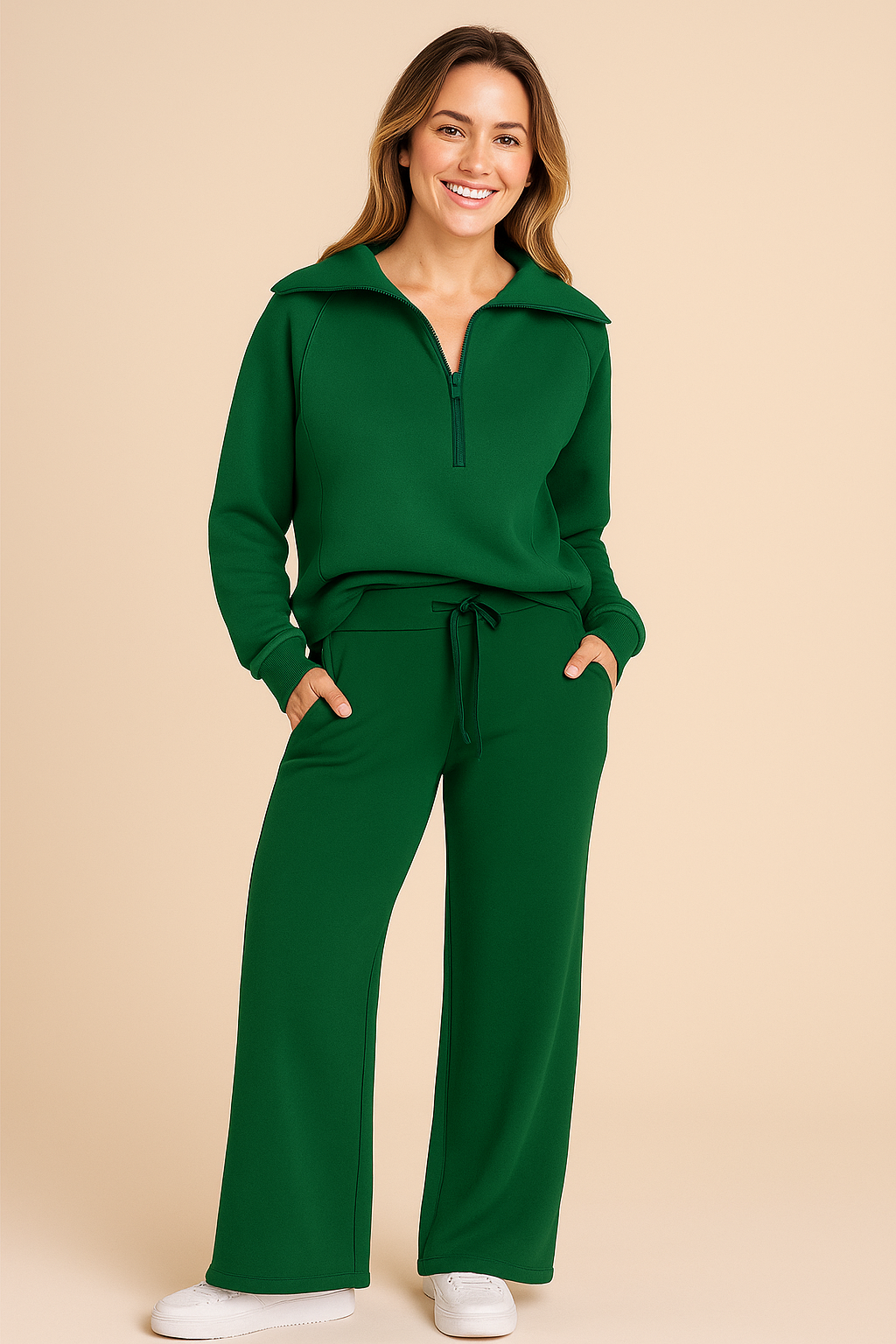 Women's Two-Piece Tracksuit: Half-Zip Top & Wide-Leg Pants - Navenport
