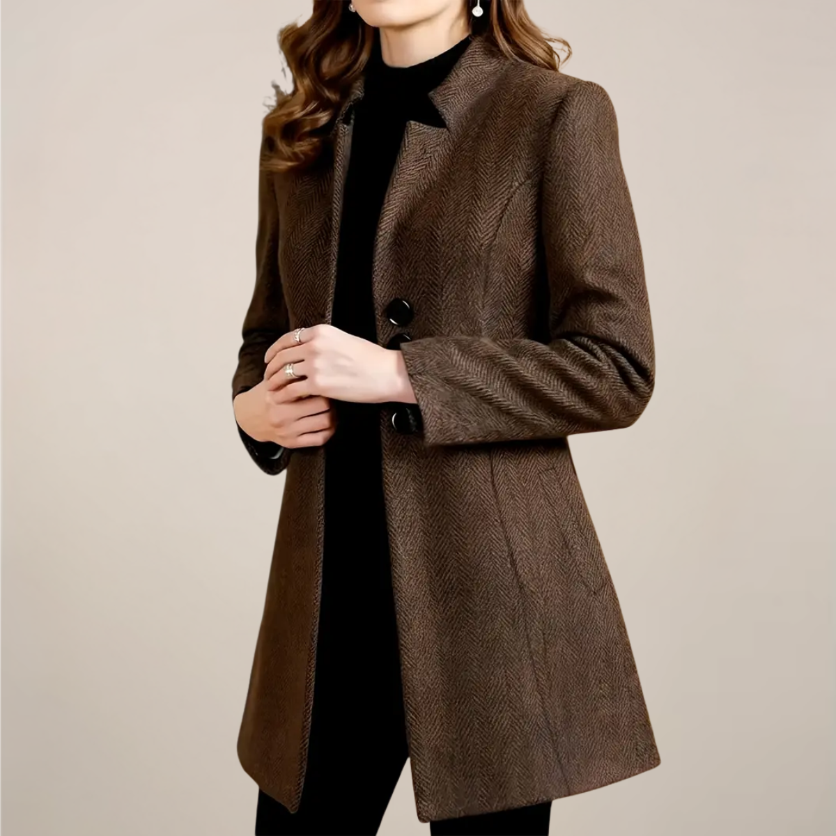 Elegant Brown Tweed Coat for Women – Tailored Fit Perfect for Autumn and Winter