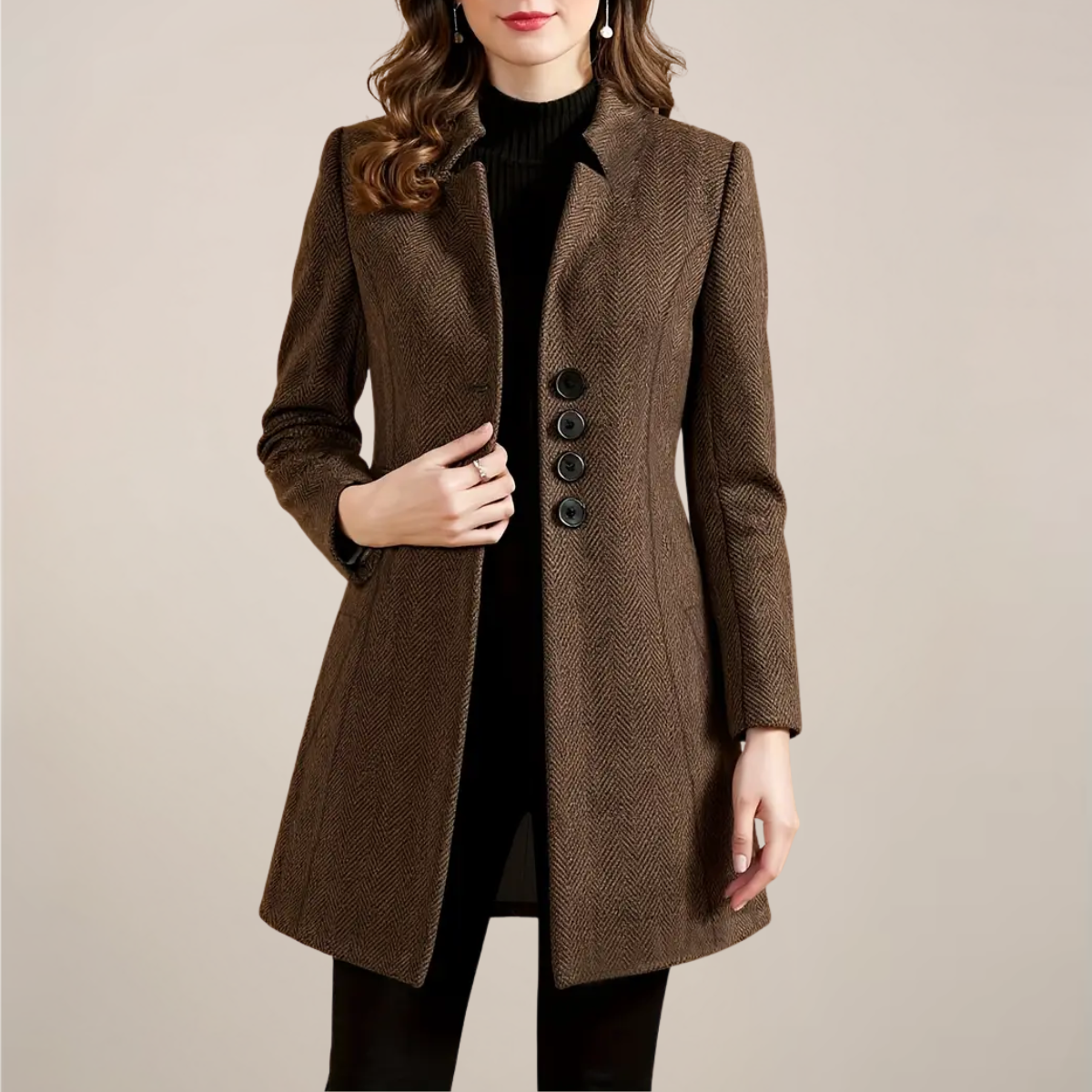 Elegant Brown Tweed Coat for Women – Tailored Fit Perfect for Autumn and Winter