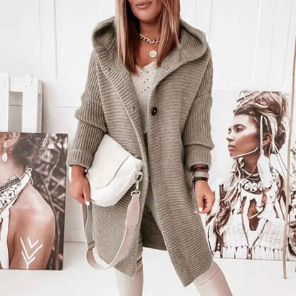 Women's Mid-Length Knit Cardigan With Hood And Buttons