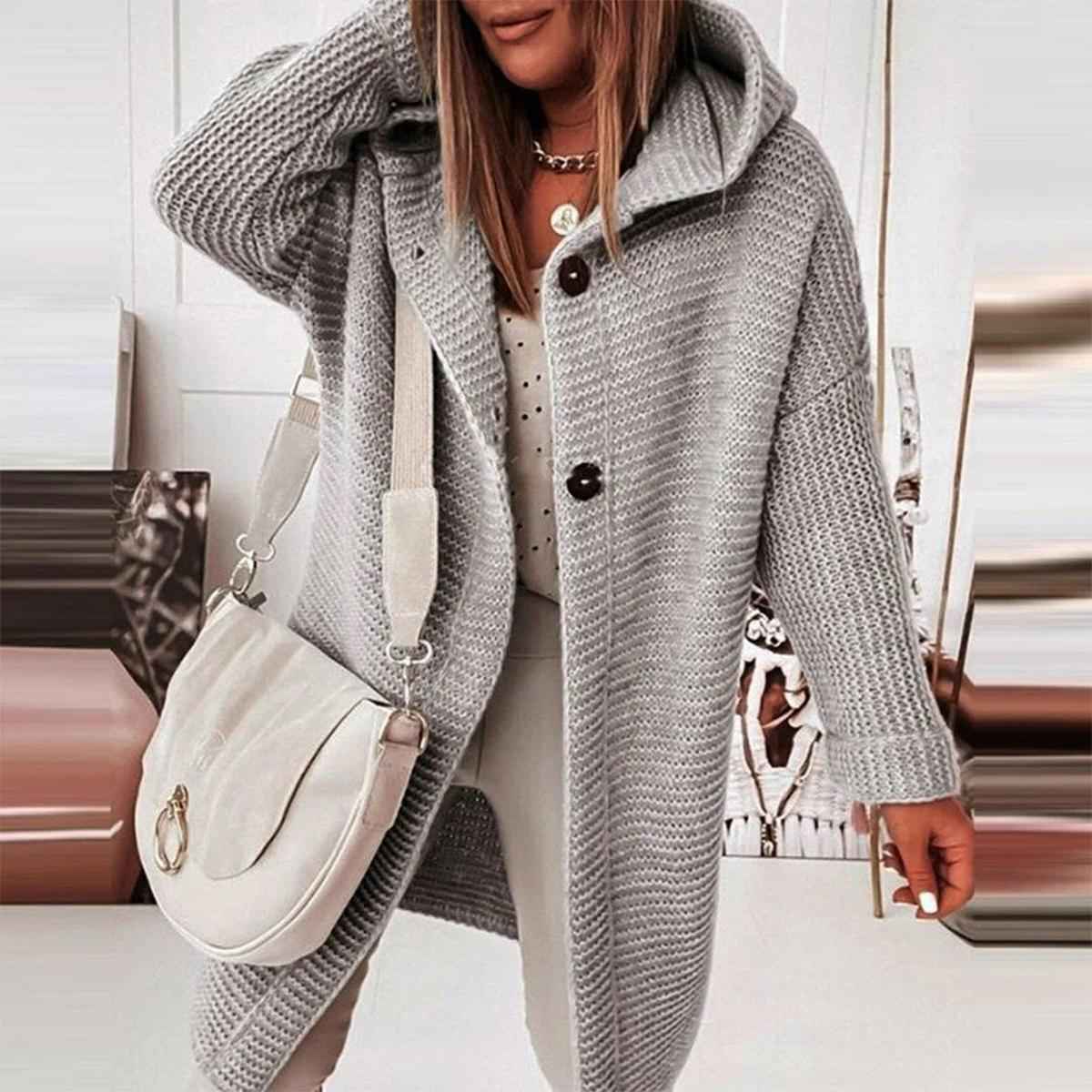 Women's Mid-Length Knit Cardigan With Hood And Buttons