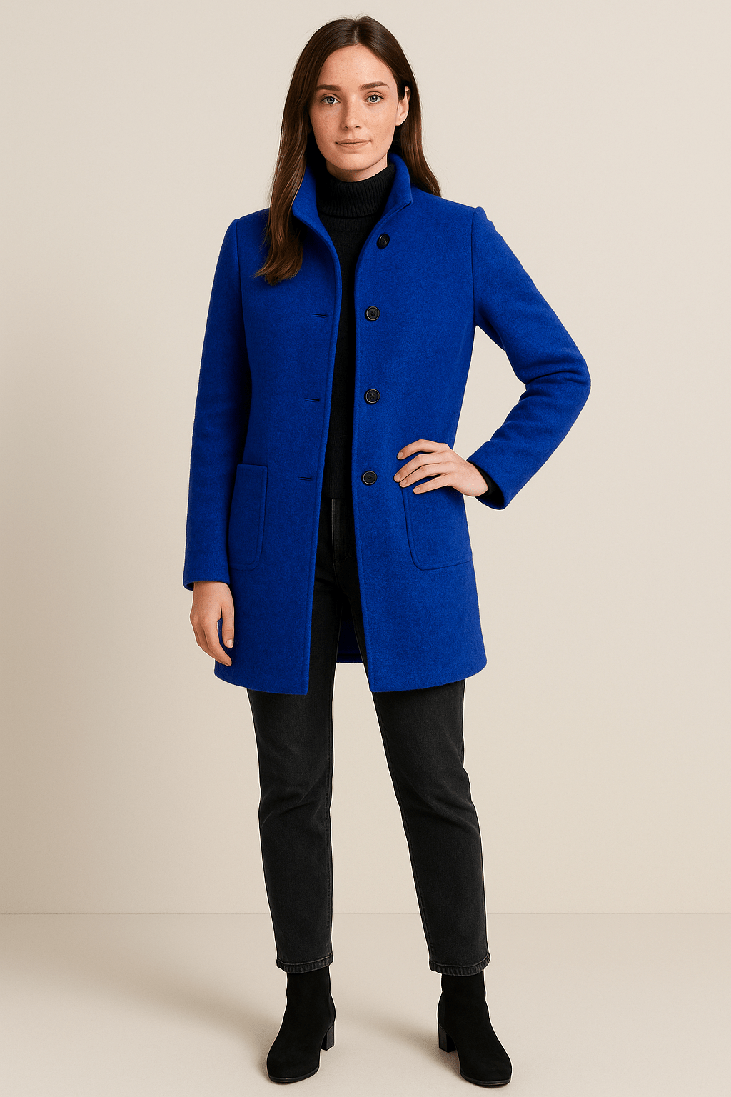 Elara Women’s Wool Blend Coat with Stand Collar and Pockets - Navenport