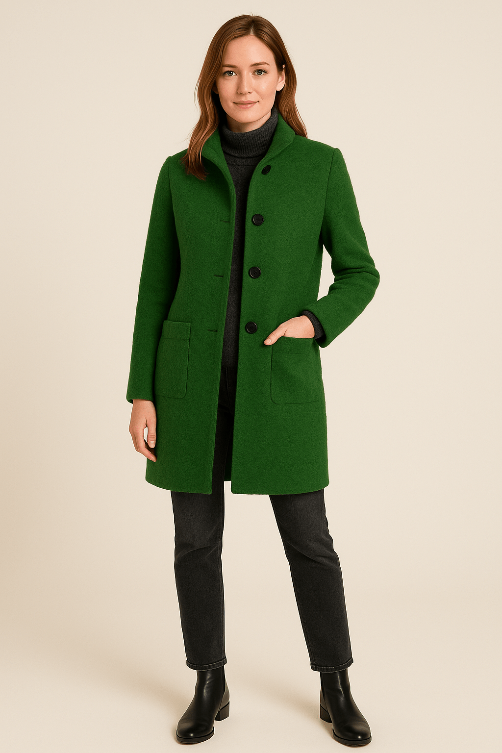 Elara Women’s Wool Blend Coat with Stand Collar and Pockets - Navenport