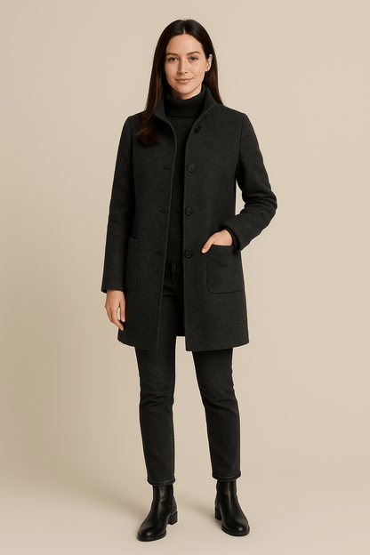 Elara Women’s Wool Blend Coat with Stand Collar and Pockets - Navenport