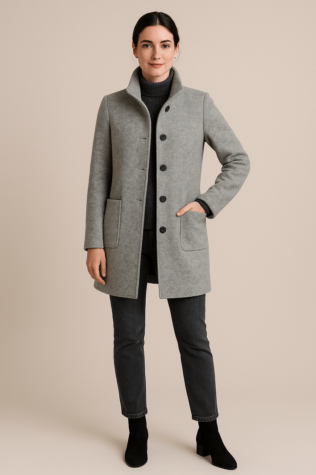 Elara Women’s Wool Blend Coat with Stand Collar and Pockets - Navenport