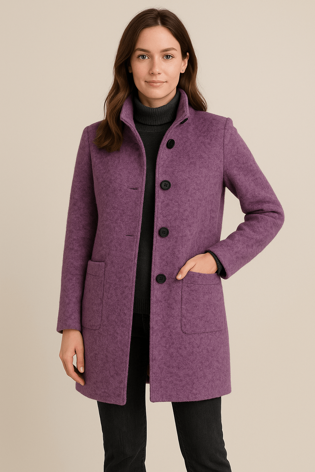 Elara Women’s Wool Blend Coat with Stand Collar and Pockets - Navenport