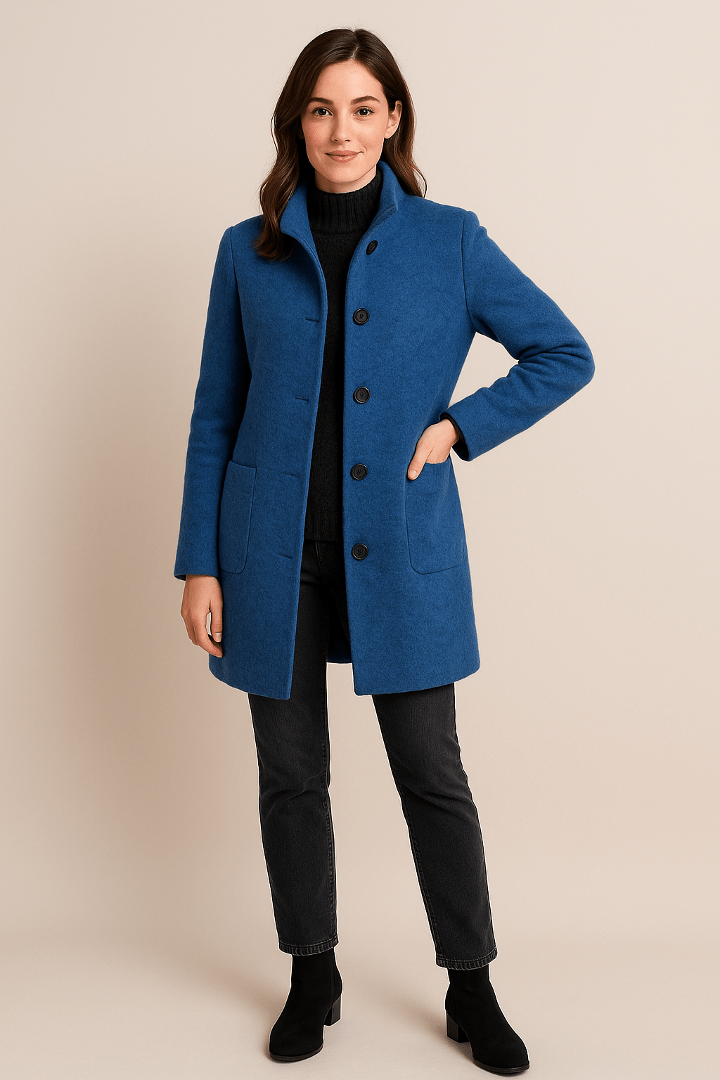Elara Women’s Wool Blend Coat with Stand Collar and Pockets - Navenport