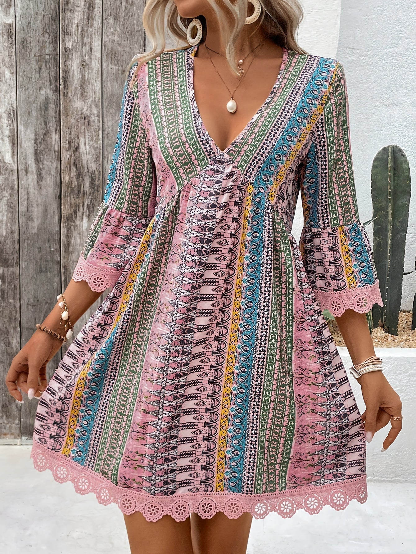 Mirela™ Bohemian Lace Trim Dress