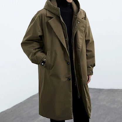 Men's Long Waterproof Hooded Puffer Trench Coat
