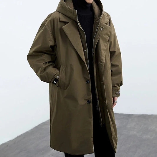 Men's Long Waterproof Hooded Puffer Trench Coat